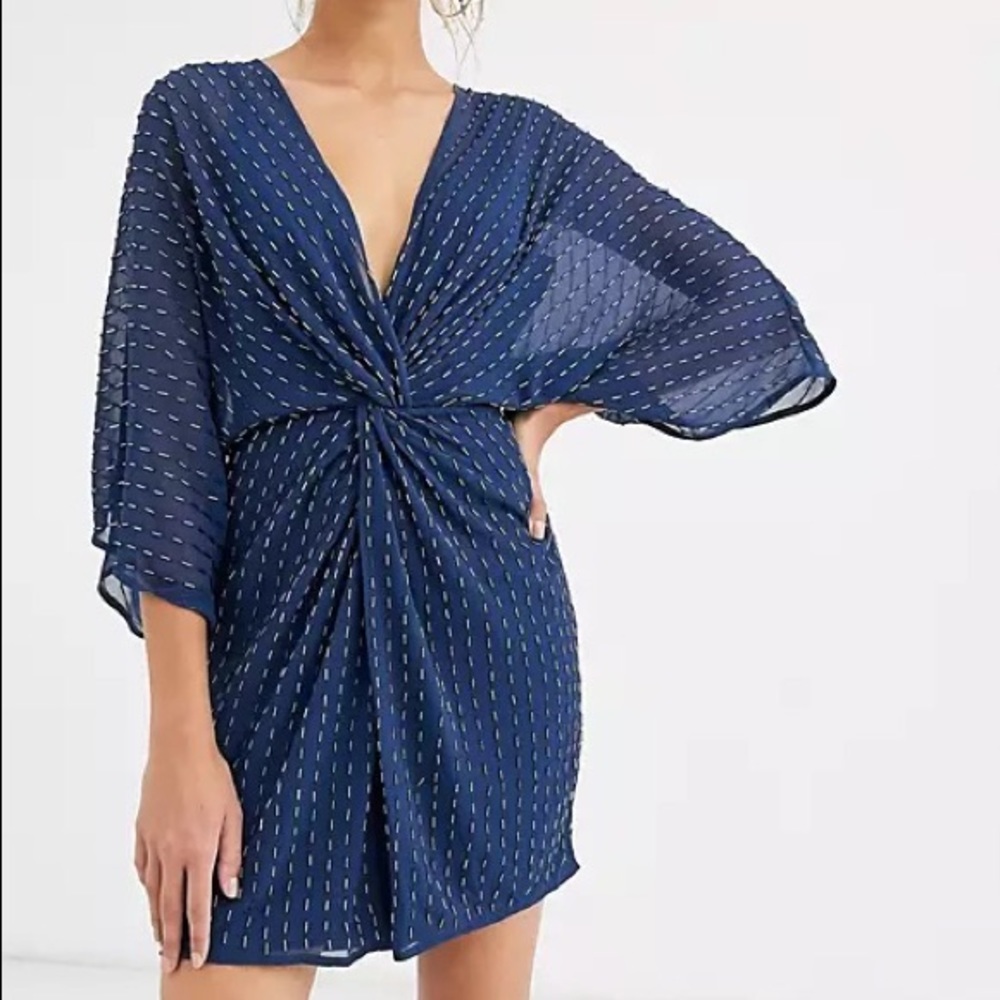 ASOS Kimono Mini Dress Linear Sequin Embellished Sheer Blue Wrap Skirt Sz 10